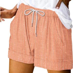 Women Casual Linen Shorts Fashion Stripe Print Elastic Waisted Drawstring Summer Shorts with Pockets