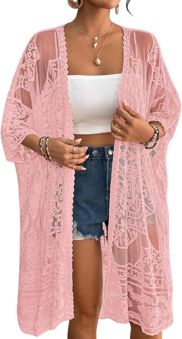 Bsubseach Lace Kimonos for Women 2025 Swim Cover Up Summer Beach Coverup Open Front Sheer Kimono Cardigan