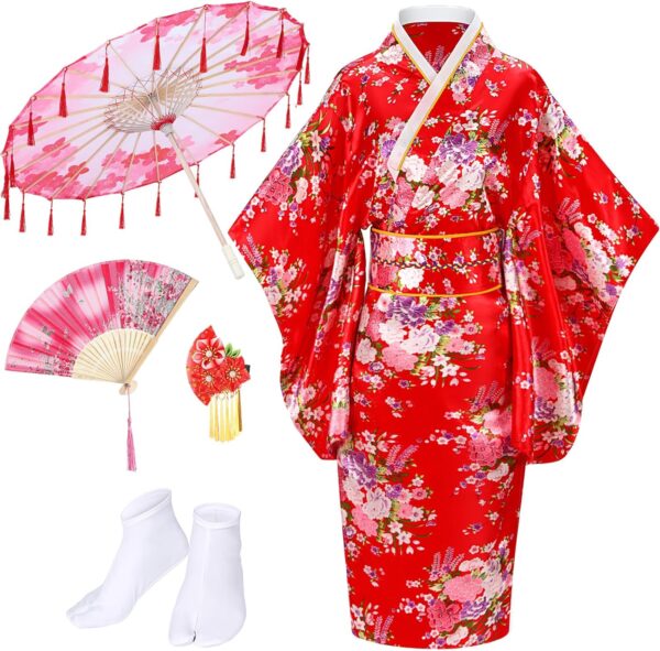 Red Japanese Kimono Robe for Women Floral Sakura Satin Geisha Yukata Dress Accessories with Umbrella