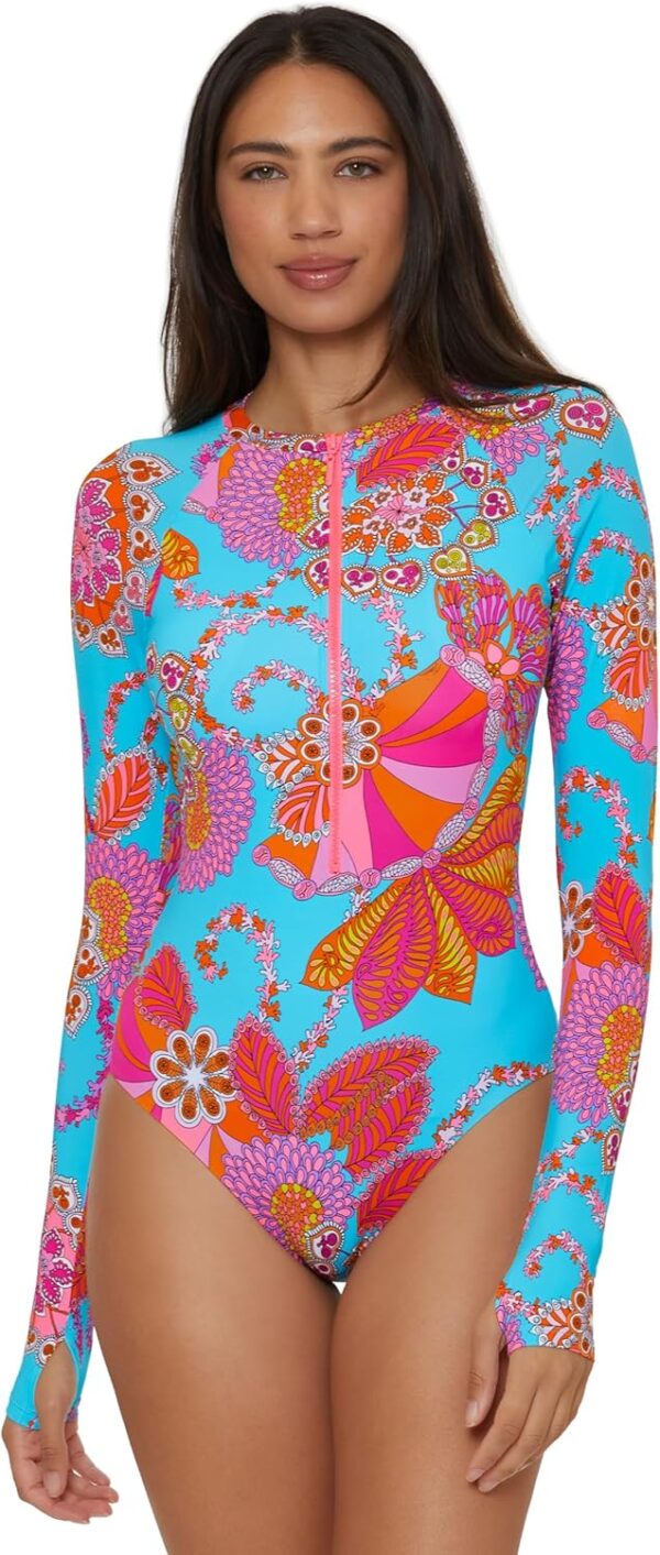 Trina Turk Women's Paddle One Piece Swimsuit, Rash Guard, UV Protection, Zip Front, Long Sleeve, Bathing Suits for Women