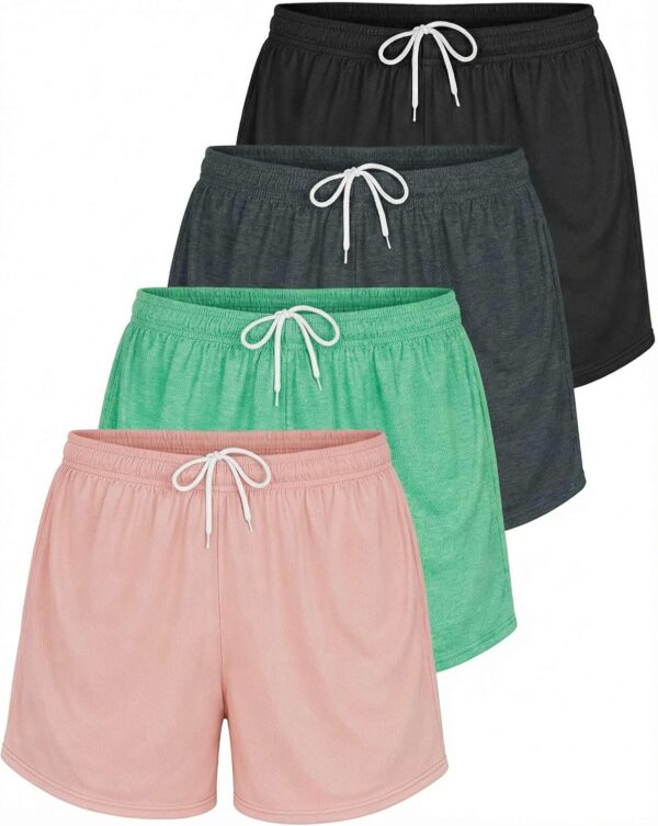 Real Essentials 4 Pack: Womens Active Athletic Performance Mesh Shorts with Pockets (Available in Plus Size)
