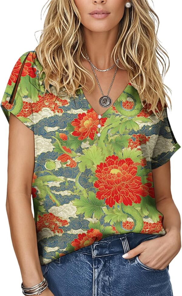 LIZALIG Womens Cold Shoulder Boho Tops 2025 Summer V Neck Floral Print Short Sleeve Button Down T Shirts