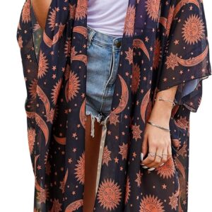 Hibluco Women's Summer Chiffon Floral Kimono Cardigan Long Swimwear Cover Ups