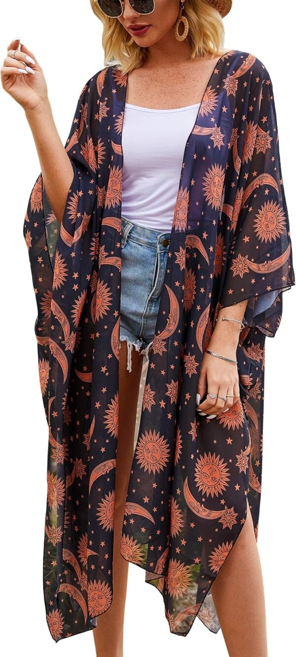 Hibluco Women's Summer Chiffon Floral Kimono Cardigan Long Swimwear Cover Ups