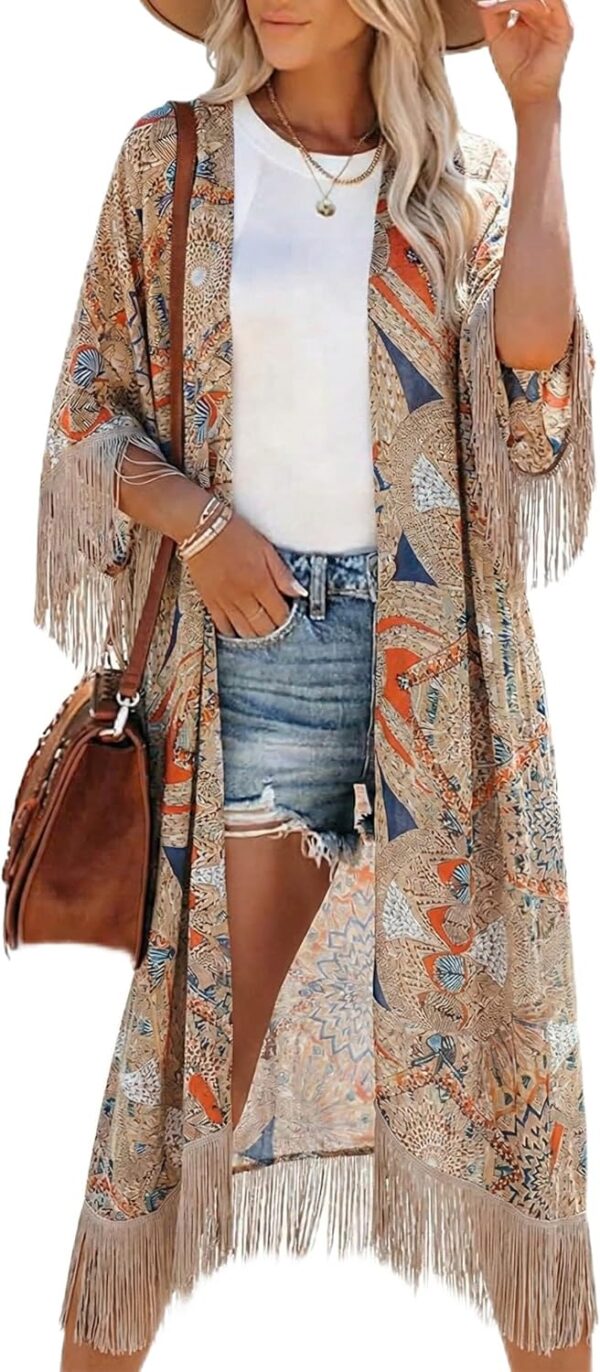 Bestshe Womens Bohemian Kimono Cardigans Fashion Floral Beach Cover Up Casual Loose Swimsuit Cardigan