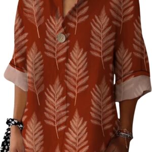 LIZALIG Women's Trendy Button Blouse - 3/4 Sleeve V Neck Flower Cat Print Casual Elegant Comfy Summer Tee Top