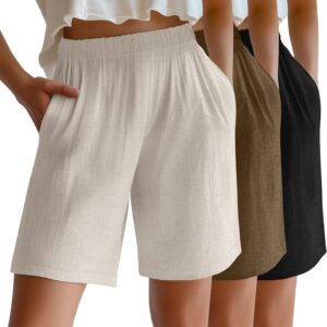 Riyiper 3 Pack Women's Linen Shorts Elastic High Waist Bermuda Wide Leg Summer Casual Lounge Short with Pockets