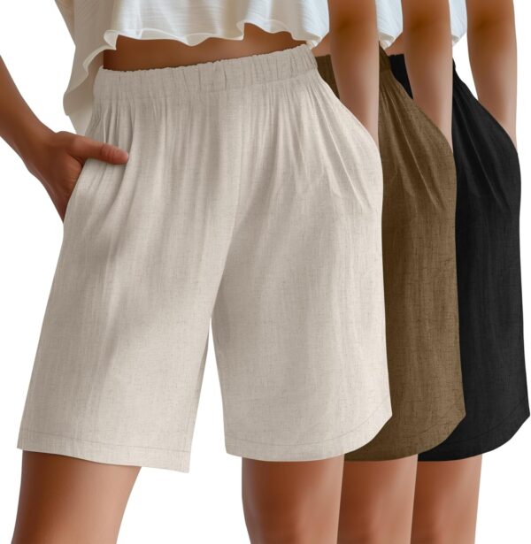 Riyiper 3 Pack Women's Linen Shorts Elastic High Waist Bermuda Wide Leg Summer Casual Lounge Short with Pockets