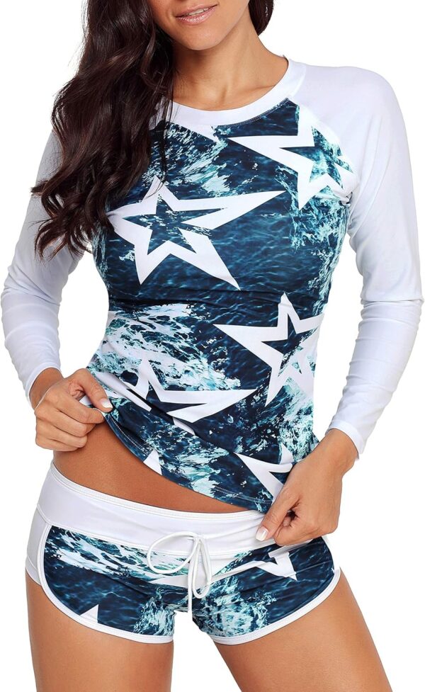 Runtlly Womens Rash Guard Swimsuit Long Sleeve Sun Protection Sport Printed Wetsuit Two Piece Swimsuit Set UPF 50+