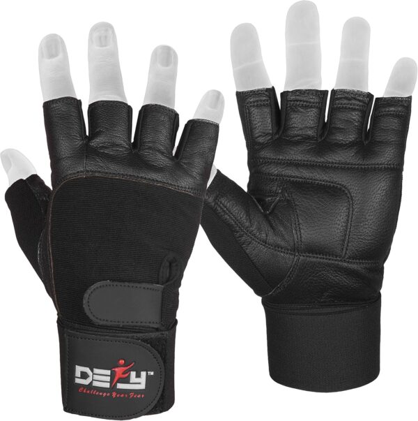 DEFY Padded Weight Lifting Gloves with 13" Long Wrist Wrap Genuine Leather Gym Gloves for Power Lifting, Cross Training, Workout Black