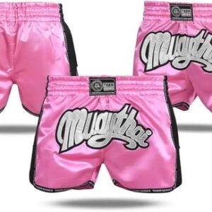 Women’s Muay Thai Shorts – Pink Satin Kickboxing Trunks with Side Mesh Panels