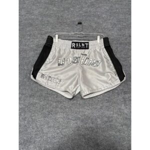 RSLNT Fight Wear Muay Thai Boxing Shorts Silver Satin Black Mesh Women Small