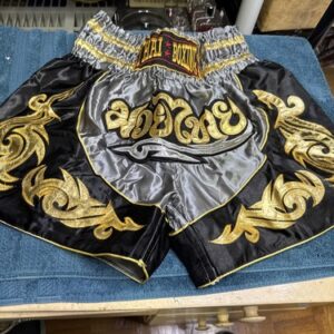 Muay Thai Boxing Shorts Blue Black Gold Embroidered Tribal Design Size M