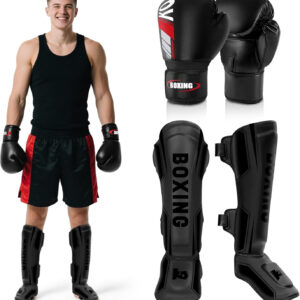 Kickboxing Shin Guards & 16 OZ Gloves Set for MMA Training & Protection