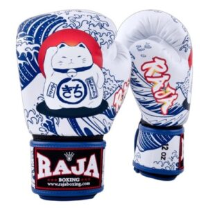 Raja Muay Thai Gloves Kickboxing Fancy Gloves # White Lucky Cat White Blue 12oz.