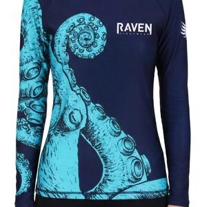 Raven Fightwear Women's Kraken Octopus BJJ Rash Guard MMA Navy Blue/Cyan X-Small